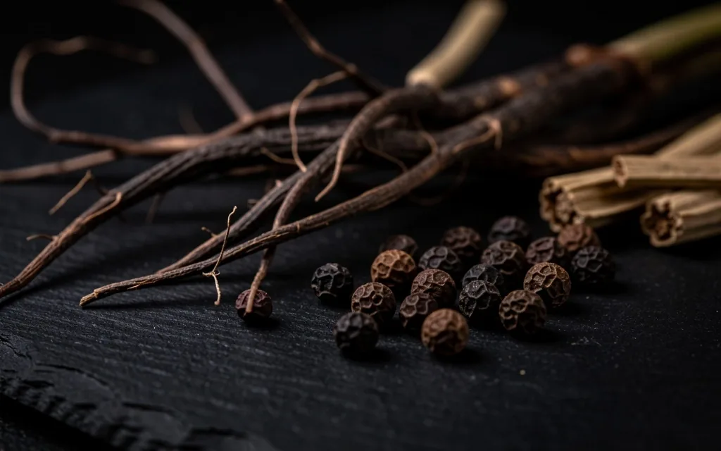 Dried botanical roots on a dark stone surface