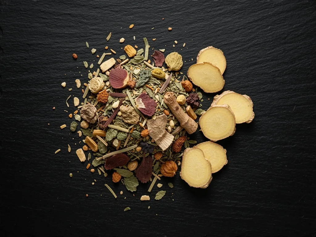 Ginseng root and dried botanical leaves on a dark surface