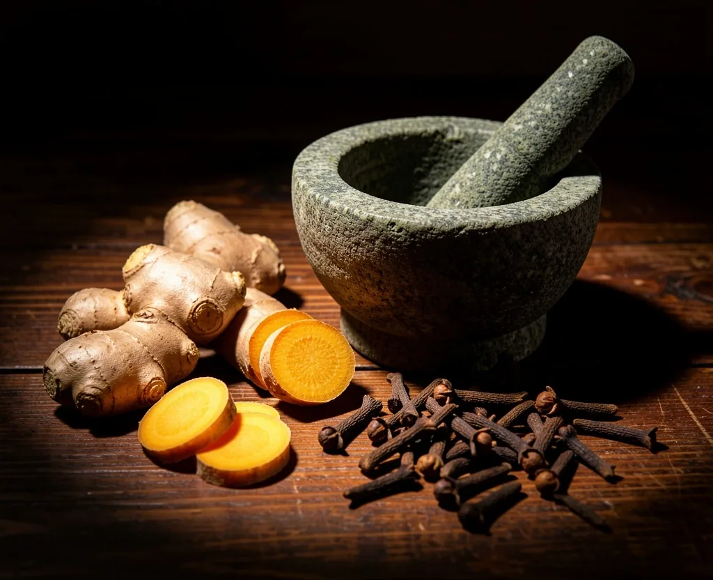 Traditional Indonesian botanical ingredients on a dark surface
