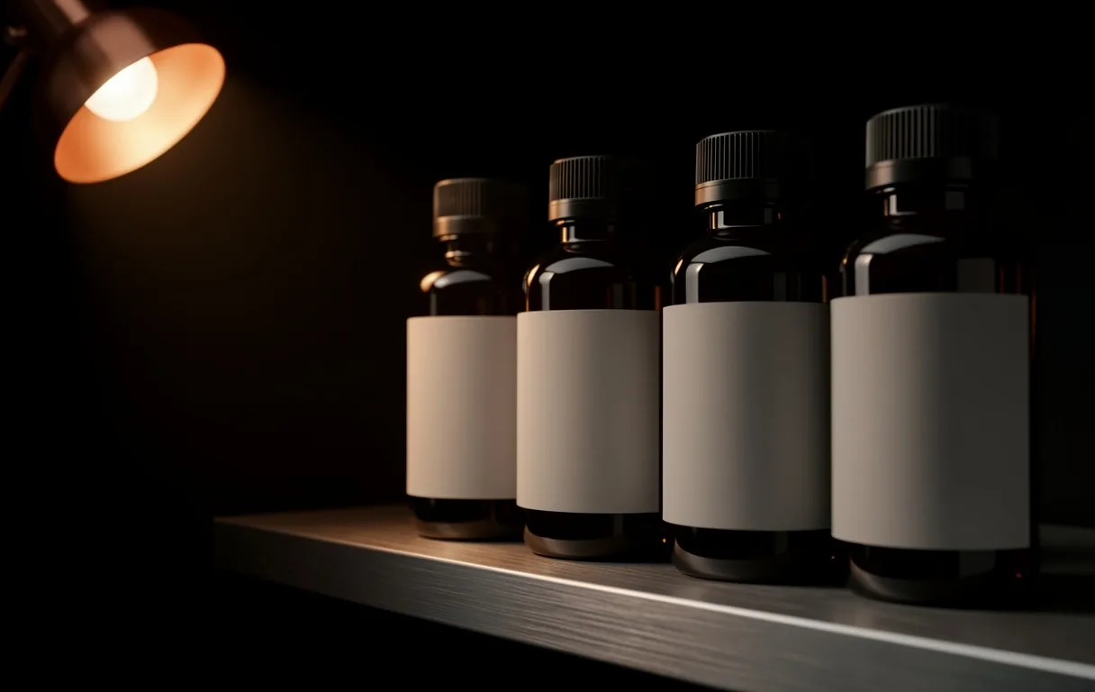Dark glass apothecary bottles on a metal shelf with warm copper lighting