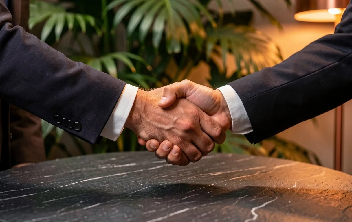 Professional handshake on dark stone table