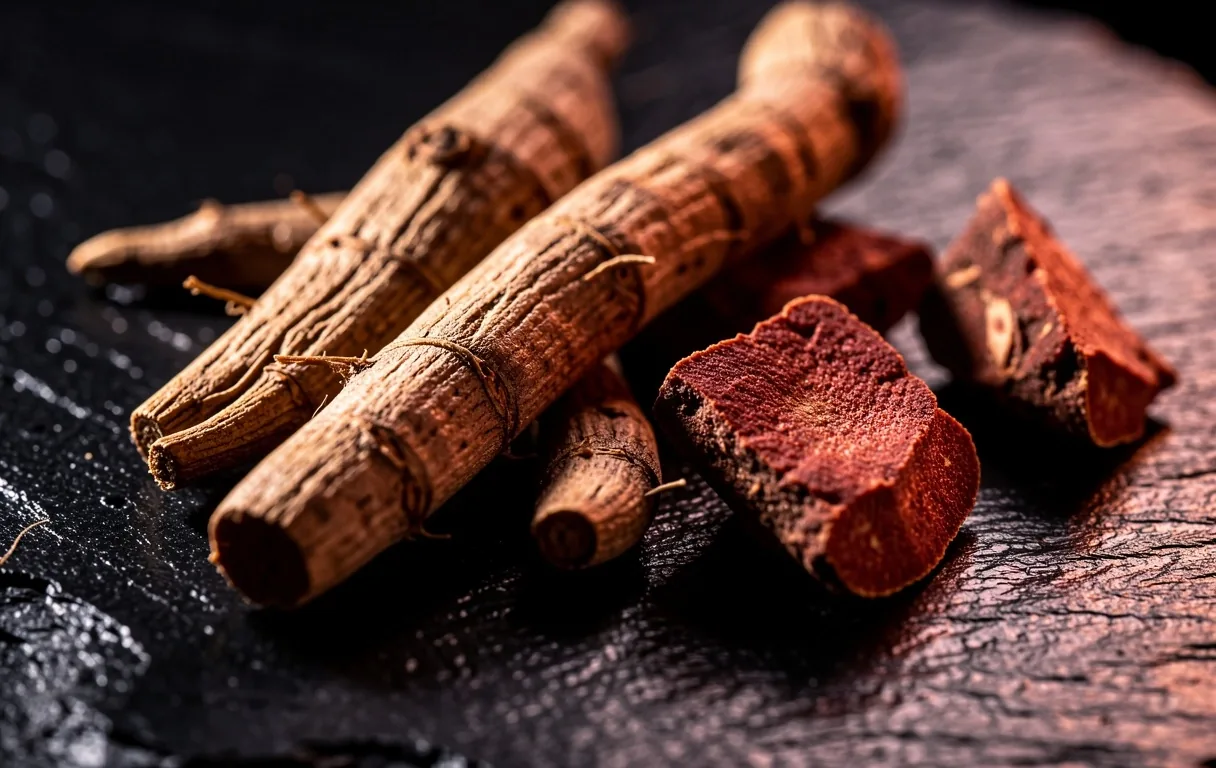 Raw ashwagandha root on dark stone surface
