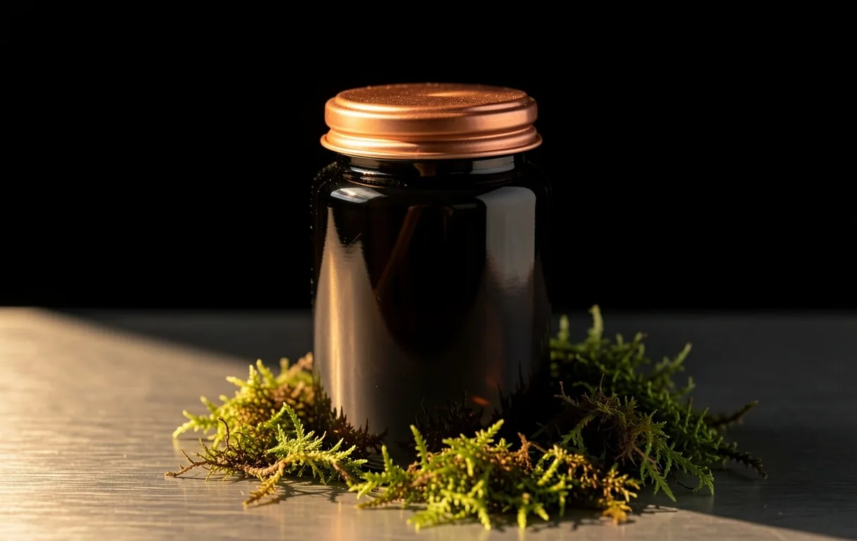 Sealed dark glass apothecary jar on metal surface