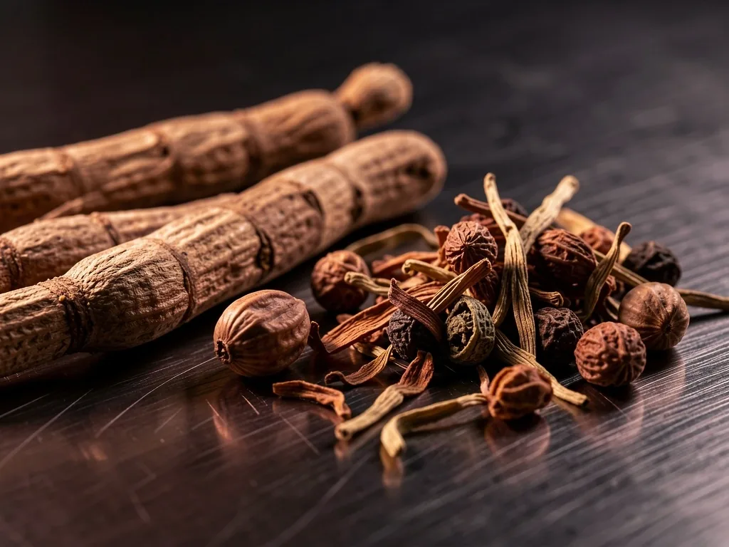 Raw supplement ingredients on a dark surface