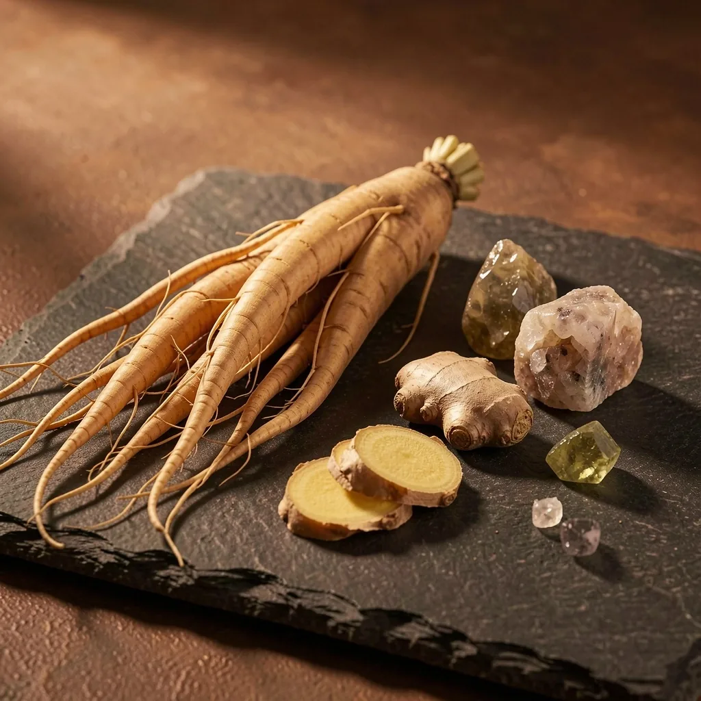 Ginseng roots, ginger, and mineral specimens on a dark stone slab