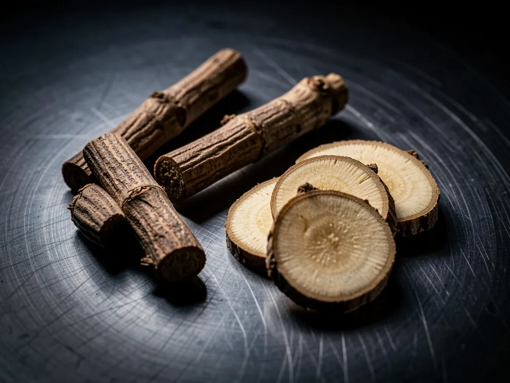Raw supplement ingredients including ashwagandha and ginseng roots on a dark surface