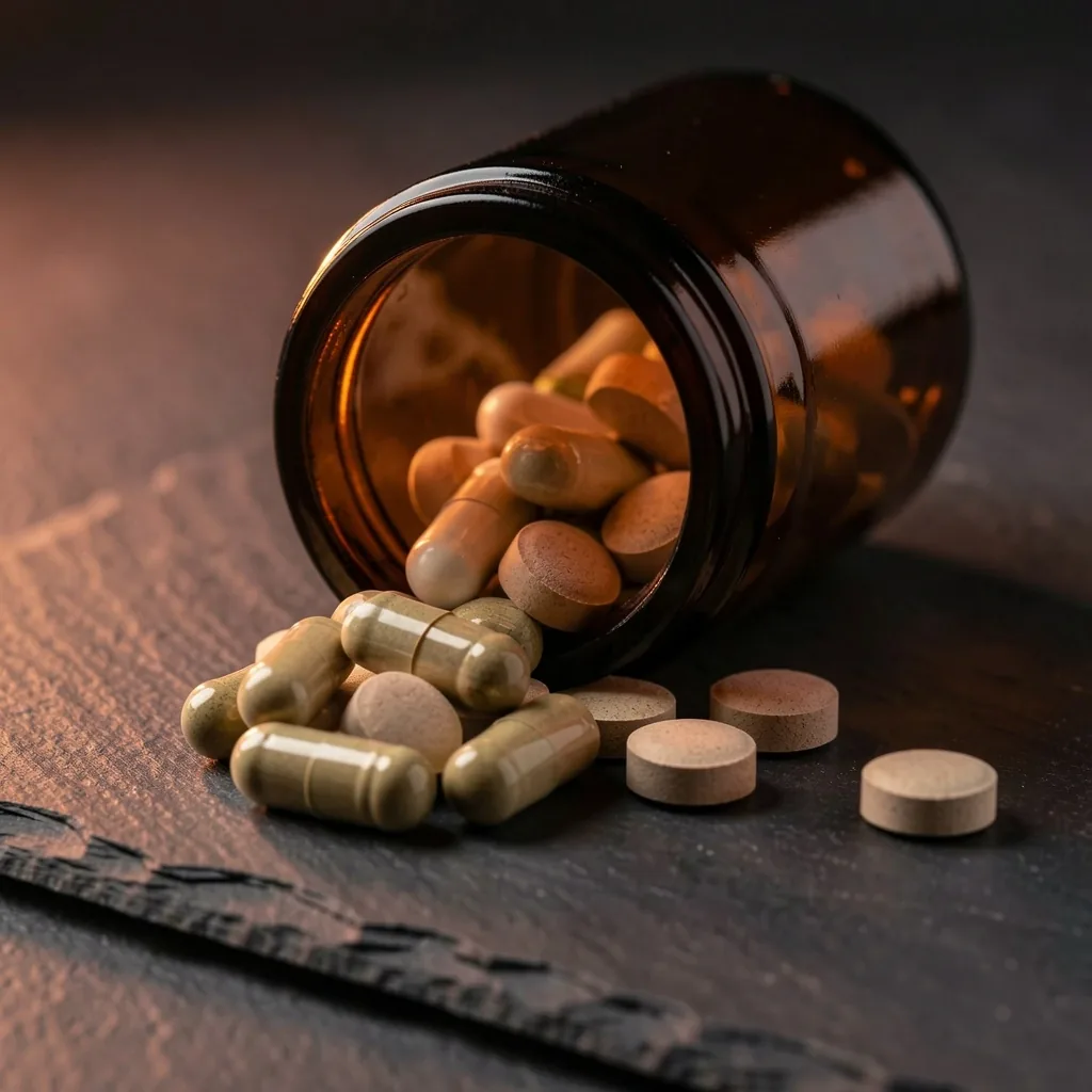 Supplement capsules in dark amber glass jars on a stone surface