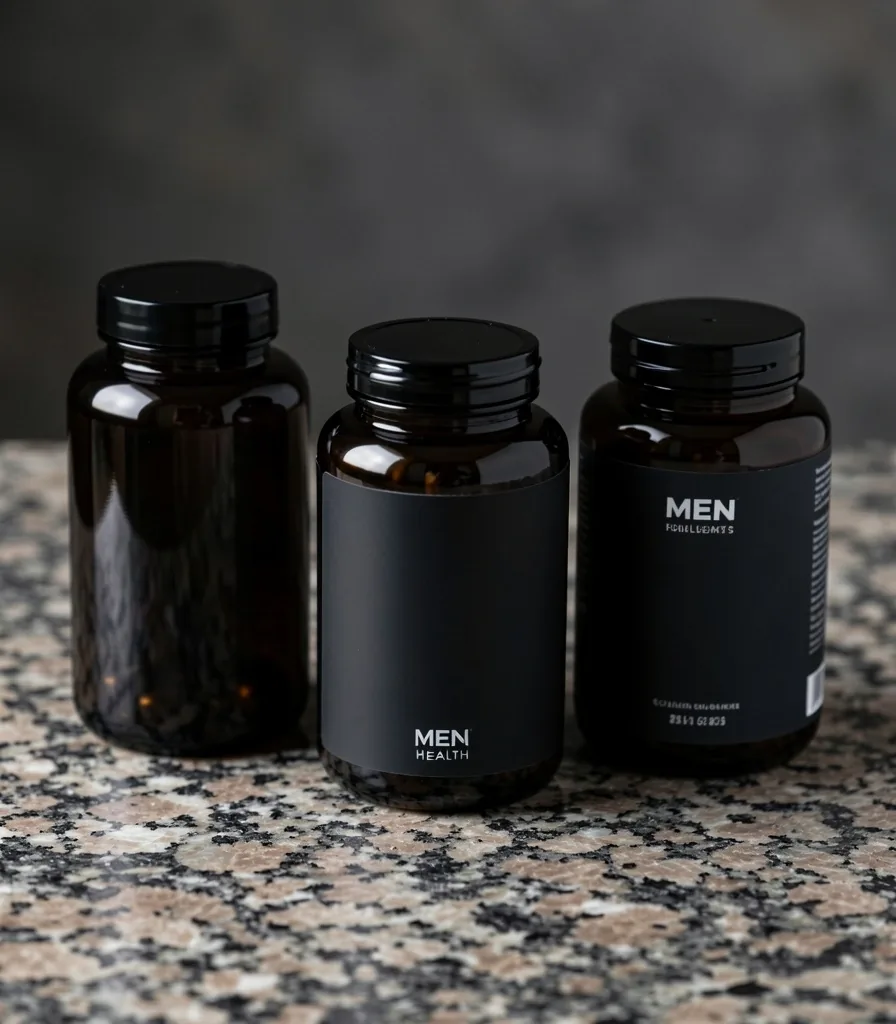 Various natural supplement containers arranged on a dark stone shelf