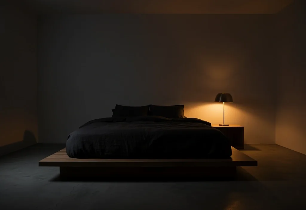 Dark minimalist bedroom at night with warm lamp light