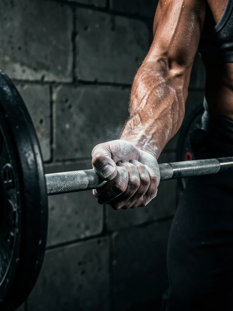 Hands gripping a barbell in a dimly lit gym