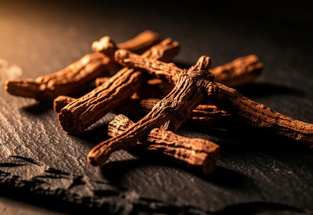 Macro photograph of natural supplement root ingredients on dark stone