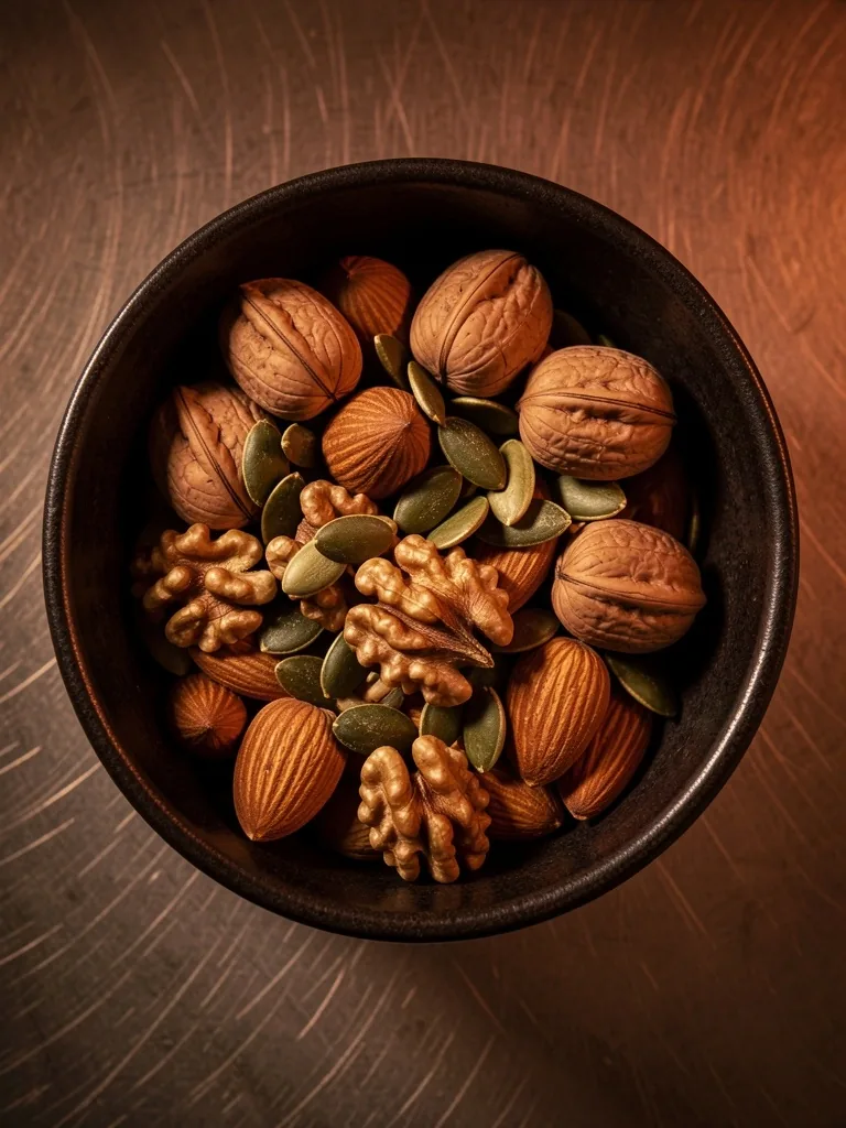 Mixed nuts and seeds in a dark ceramic bowl