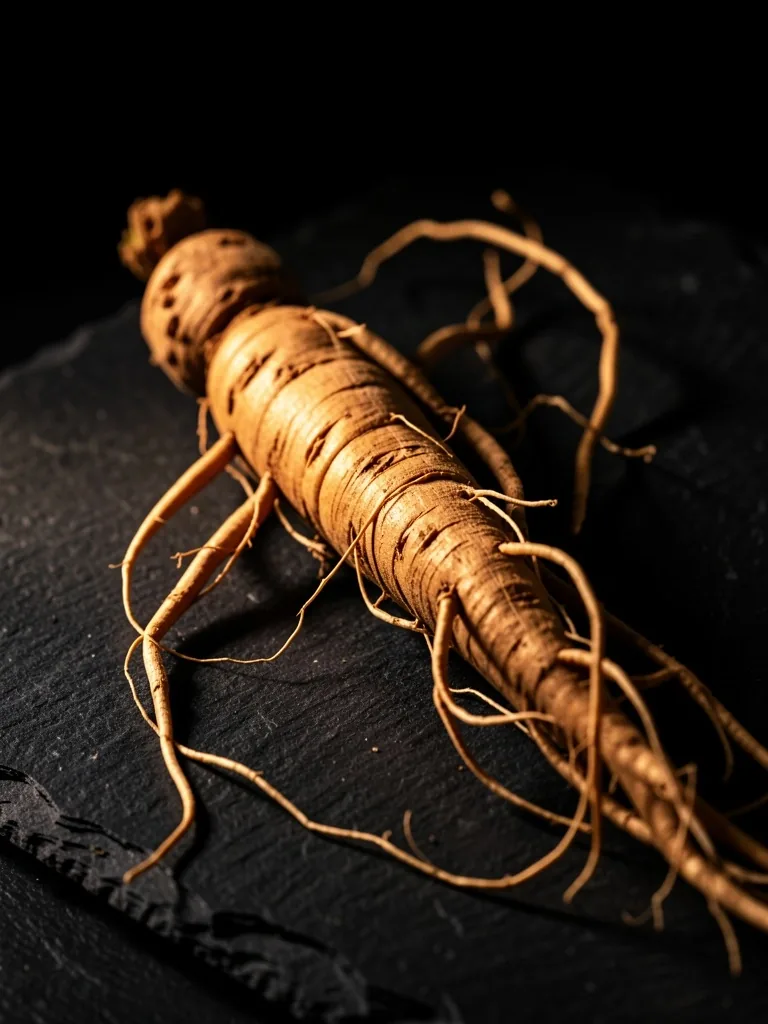 Raw ginseng root on dark slate surface