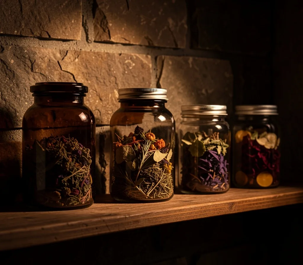 Apothecary jars with botanical ingredients