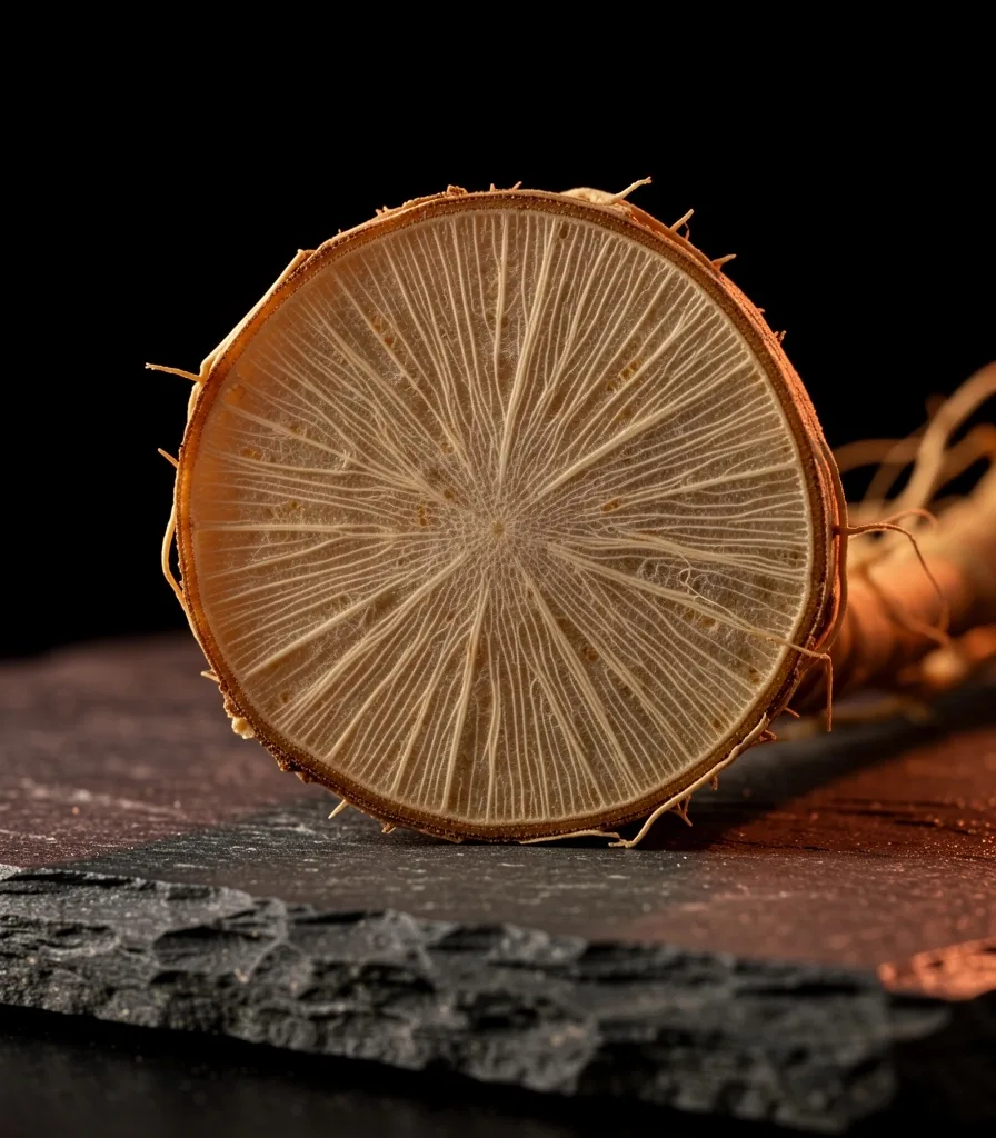Ginseng root cross-section on stone