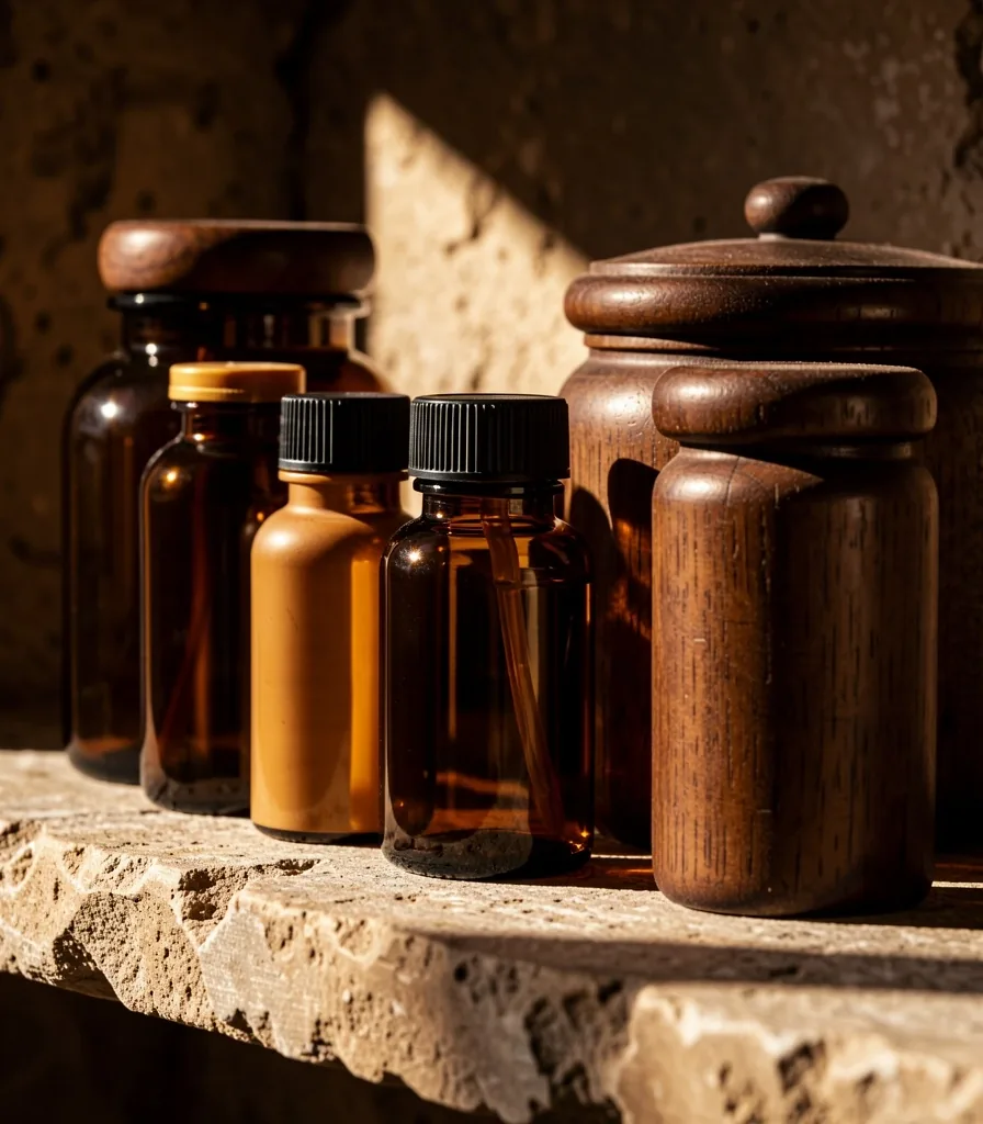 Supplement storage bottles on a stone shelf